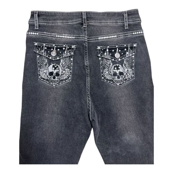 Women Grey Skull Wings Rhinestone Embroidered Stretch Denim Straight Jeans M - Picture 9 of 10